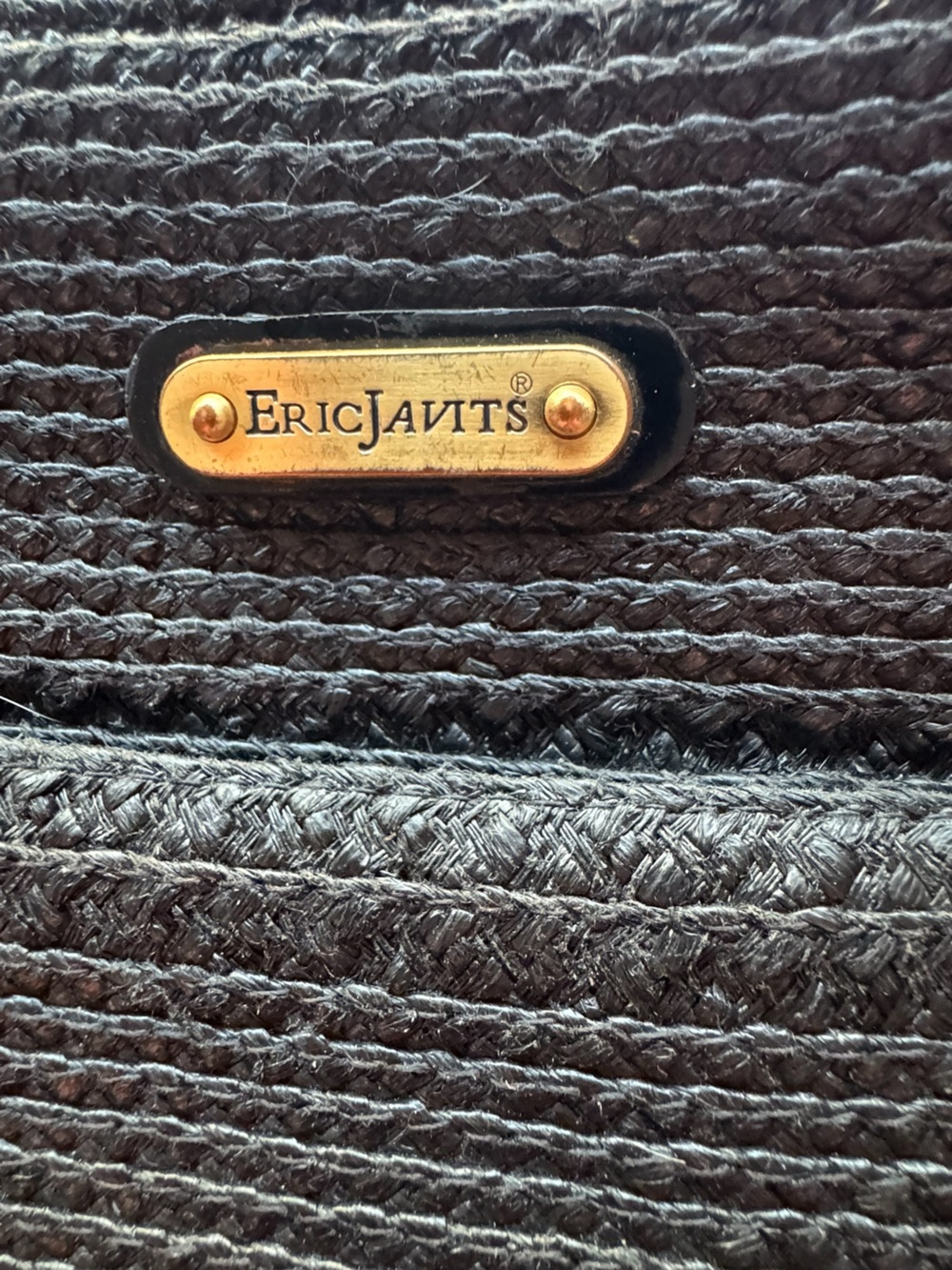 Eric Javits Black Woven Straw Tote with Gold Logo Plate and Shoulder Strap - Picture 3 of 7